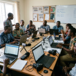 Team of journalists working together with laptops, microphones, and cameras in a meeting room